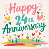 Vibrant animated greeting with pastel hearts and playful flowers under a bright 'Happy 24th Anniversary' message.