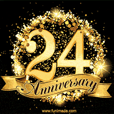 Shimmering '24 Anniversary' in gold, encased in a radiant confetti circle with a golden ribbon accent at the bottom.