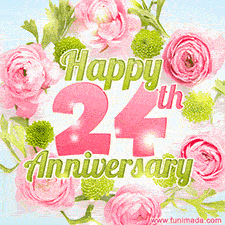 A gorgeous floral-themed 'Happy 24th Anniversary' with pink roses and green blossoms, surrounded by soft pastel accents, bringing elegance and joy.