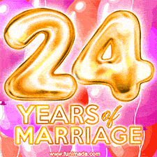 Bright '24 Years of Marriage' in shiny Bright letters, surrounded by colorful balloons on a cheerful and celebratory pink background.