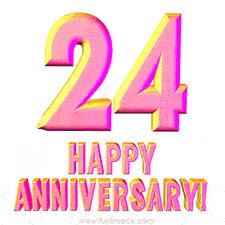 Sophisticated pink and gold '24 Happy Anniversary' text in a polished 3D look, crafted to highlight a significant milestone.