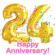Sparkling gold balloons forming the number 24 with a burst of multicolored confetti and vibrant pink 'Happy Anniversary' text.