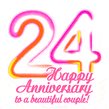 Stylish pink and yellow neon numbers '24' glowing brightly with a heartfelt 'Happy Anniversary to a beautiful couple!' written in pink cursive text.