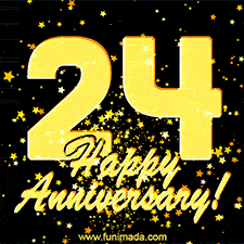 Large yellow '24' surrounded by shimmering gold stars and the celebratory message 'Happy Anniversary!' below in cursive.