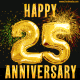 Bright golden balloons shaped like '25' with dazzling fireworks and 'Happy Anniversary' text shining on a black background.