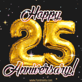 25' in golden balloon numbers and 'Happy Anniversary!' written in bold cursive, set on a shimmering starry black background.