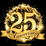 Shimmering '25 Anniversary' in gold, encased in a radiant confetti circle with a golden ribbon accent at the bottom.