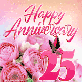 Pink peonies and butterfly adorn a 'Happy Anniversary 25' design, creating a warm and loving vibe for this milestone celebration.