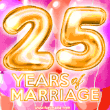 Bright '25 Years of Marriage' in shiny Bright letters, surrounded by colorful balloons on a cheerful and celebratory pink background.