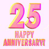 Sophisticated pink and gold '25 Happy Anniversary' text in a polished 3D look, crafted to highlight a significant milestone.