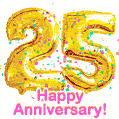 Happy Anniversary! Gold Number 25 Balloons and Confetti GIF.