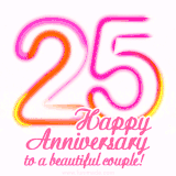 Stylish pink and yellow neon numbers '25' glowing brightly with a heartfelt 'Happy Anniversary to a beautiful couple!' written in pink cursive text.