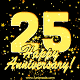 Large yellow '25' surrounded by shimmering gold stars and the celebratory message 'Happy Anniversary!' below in cursive.