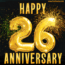 Bright golden balloons shaped like '26' with dazzling fireworks and 'Happy Anniversary' text shining on a black background.