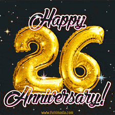 26' in golden balloon numbers and 'Happy Anniversary!' written in bold cursive, set on a shimmering starry black background.