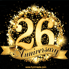 Shimmering '26 Anniversary' in gold, encased in a radiant confetti circle with a golden ribbon accent at the bottom.