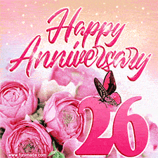 Pink peonies and butterfly adorn a 'Happy Anniversary 26' design, creating a warm and loving vibe for this milestone celebration.