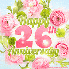 A gorgeous floral-themed 'Happy 26th Anniversary' with pink roses and green blossoms, surrounded by soft pastel accents, bringing elegance and joy.