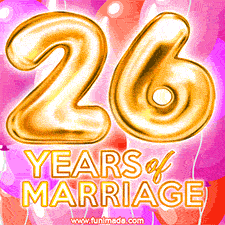 Bright '26 Years of Marriage' in shiny Bright letters, surrounded by colorful balloons on a cheerful and celebratory pink background.