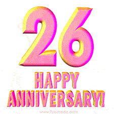 Sophisticated pink and gold '26 Happy Anniversary' text in a polished 3D look, crafted to highlight a significant milestone.