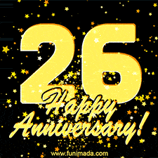 Large yellow '26' surrounded by shimmering gold stars and the celebratory message 'Happy Anniversary!' below in cursive.