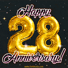 28' in golden balloon numbers and 'Happy Anniversary!' written in bold cursive, set on a shimmering starry black background.