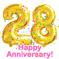 Happy Anniversary! Gold Number 28 Balloons and Confetti GIF.