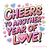 A happy anniversary GIF featuring shiny bold text and multiple smiling heart emojis in various pastel shades, creating a joyful and loving vibe.