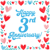 Animated 'Happy 3rd Anniversary!' message in large blue text surrounded by a hand-drawn border of red, pink, and blue hearts on a white background.