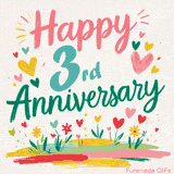 Vibrant animated greeting with pastel hearts and playful flowers under a bright 'Happy 3rd Anniversary' message.
