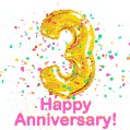 Happy Anniversary! Gold Number 3 Balloon and Confetti GIF.
