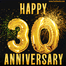 Bright golden balloons shaped like '30' with dazzling fireworks and 'Happy Anniversary' text shining on a black background.