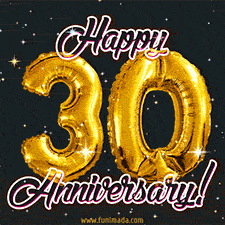 30' in golden balloon numbers and 'Happy Anniversary!' written in bold cursive, set on a shimmering starry black background.