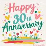 Vibrant animated greeting with pastel hearts and playful flowers under a bright 'Happy 30th Anniversary' message.