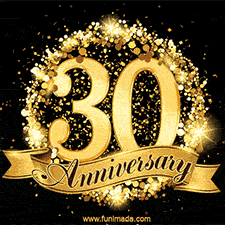 Shimmering '30 Anniversary' in gold, encased in a radiant confetti circle with a golden ribbon accent at the bottom.