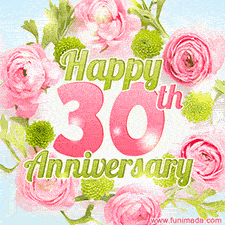 A gorgeous floral-themed 'Happy 30th Anniversary' with pink roses and green blossoms, surrounded by soft pastel accents, bringing elegance and joy.