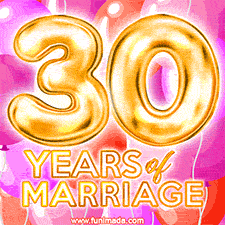 Bright '30 Years of Marriage' in shiny Bright letters, surrounded by colorful balloons on a cheerful and celebratory pink background.