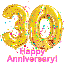 Sparkling gold balloons forming the number 30 with a burst of multicolored confetti and vibrant pink 'Happy Anniversary' text.