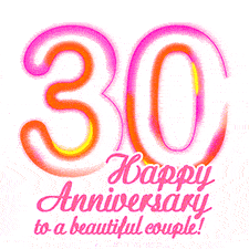 Stylish pink and yellow neon numbers '30' glowing brightly with a heartfelt 'Happy Anniversary to a beautiful couple!' written in pink cursive text.