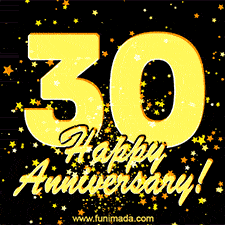Large yellow '30' surrounded by shimmering gold stars and the celebratory message 'Happy Anniversary!' below in cursive.