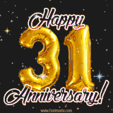 31' in golden balloon numbers and 'Happy Anniversary!' written in bold cursive, set on a shimmering starry black background.