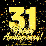Large yellow '31' surrounded by shimmering gold stars and the celebratory message 'Happy Anniversary!' below in cursive.