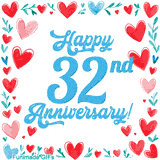 Animated 'Happy 32nd Anniversary!' message in large blue text surrounded by a hand-drawn border of red, pink, and blue hearts on a white background.