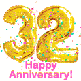 Happy Anniversary! Gold Number 32 Balloons and Confetti GIF.