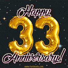 33' in golden balloon numbers and 'Happy Anniversary!' written in bold cursive, set on a shimmering starry black background.