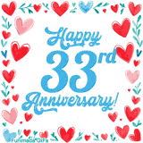 Animated 'Happy 33rd Anniversary!' message in large blue text surrounded by a hand-drawn border of red, pink, and blue hearts on a white background.