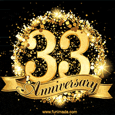Shimmering '33 Anniversary' in gold, encased in a radiant confetti circle with a golden ribbon accent at the bottom.