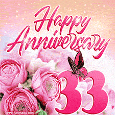 Pink peonies and butterfly adorn a 'Happy Anniversary 33' design, creating a warm and loving vibe for this milestone celebration.