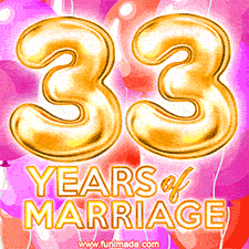 Bright '33 Years of Marriage' in shiny Bright letters, surrounded by colorful balloons on a cheerful and celebratory pink background.