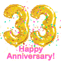 Happy Anniversary! Gold Number 33 Balloons and Confetti GIF.